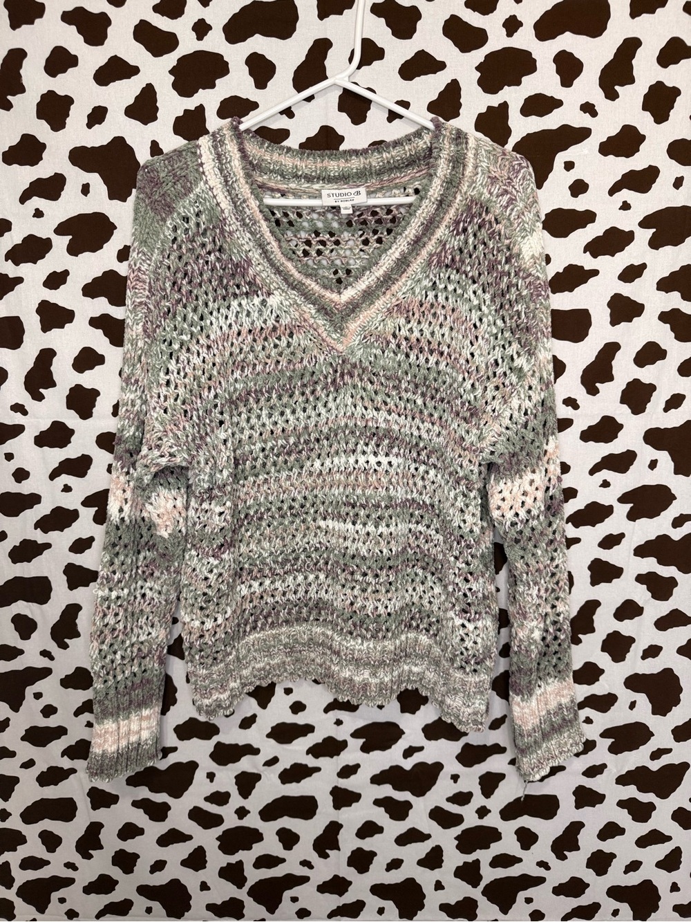 Studio B by Bobeau Women's L Striped Open-Knit V-Neck Lightweight Pullover